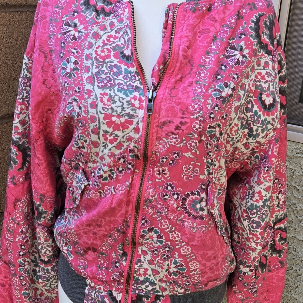 Free People Pink Quilted Floral Bomber Jacket Zip Up - Picture 8 of 12